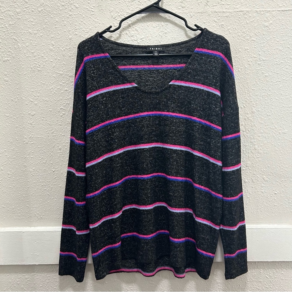 Tribal Black with Colorful Stripes Soft Fleece Long Sleeve Top Small